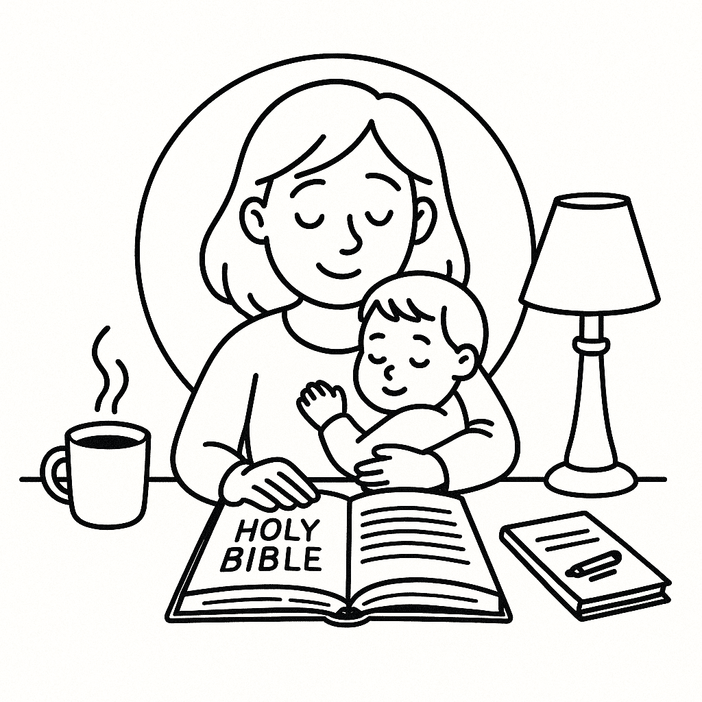 Mom holding child while reading the Bible